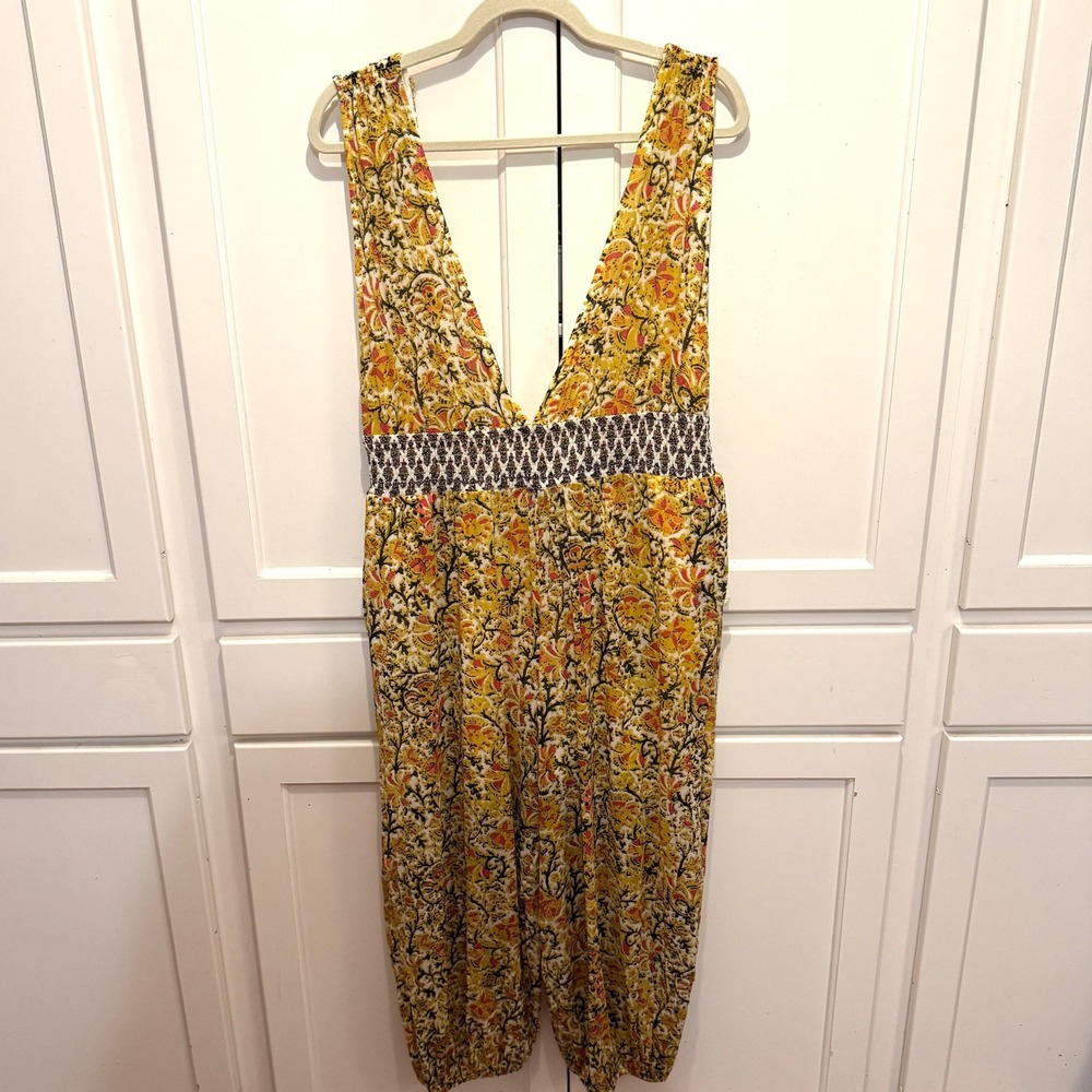 Free People Women Yellow Floral V-Neck Smocked Waist Jumpsuit Size L